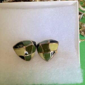 Jewelry Clip-ons. Multi green earring divided by faux gold design.